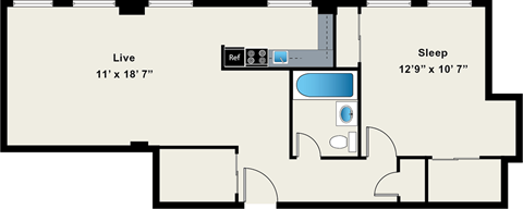 Floor plan for 1 bed, 1 bath, 681 sqft
